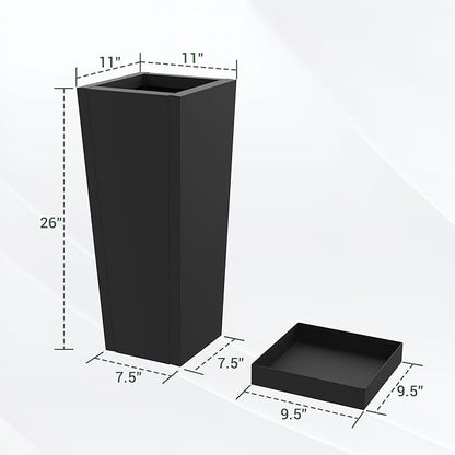 Tall Outdoor Planters Set of 2, 26 inch Tall Planters for Outdoor and Indoor, Metal Tapered Pots with Drainage Holes & Insert Shelves & Trays for Porch, Garden, Patio, Yard