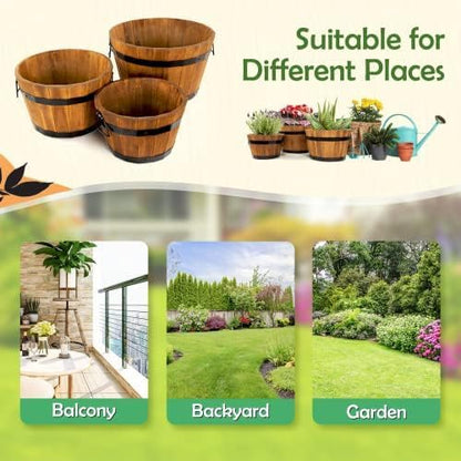 Idzo Set of 3 Wooden Upgraded Brown Orange Flower Boxes Outdoor, Durable Acacia Wood Barrel Planters for Outdoor Plants with Ergonomic Handles, Drainage Holes, Multiple Sizes Wood Bucket Planter