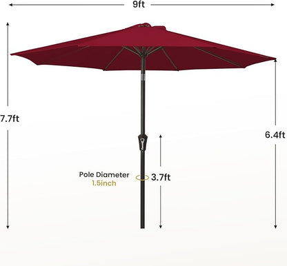 MEWAY 9ft Patio Umbrella Outdoor Table Umbrellas with Push Tilt and Crank, Market Umbrella 8 Sturdy Ribs for Deck, Garden, Pool and Backyard, Cherry Red