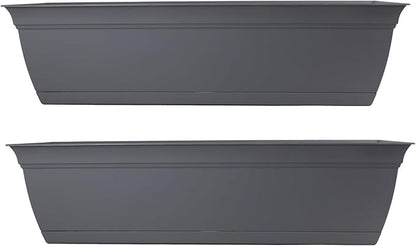 The HC Companies 24 Inch Eclipse Window Planter Box with Drainage Holes & Attached Saucer, Lightweight UV-Resistant Plastic Indoor Outdoor Planters, 2-Pack Flower Box for Garden Home Decor, Warm Gray