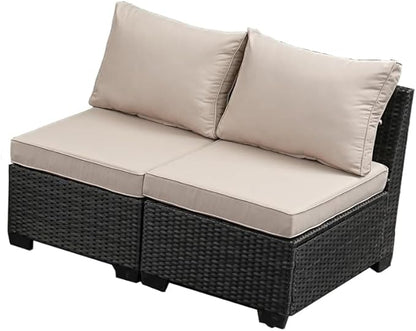Jing's Villa 2 Piece Outdoor Wicker Armless Sofa, Patio Rattan Sectional Sofa Set with Thick Seat Cushions and 2 Back Cushions for Garden Patio, Backyard, Poolside Beige