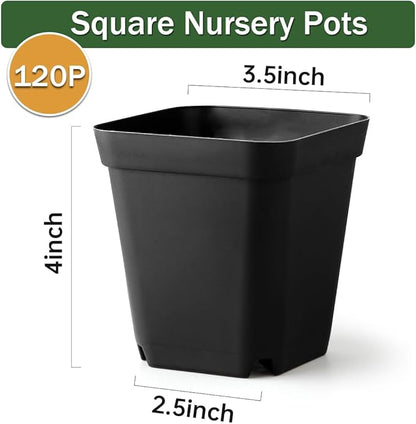 BTPLASTIK Small Plant Pots 3.5 Inch, 120 Pcs Nursery Pots with Drainage Holes, Durable Plastic Succulents Pots for Seedlings, Cuttings (Black)
