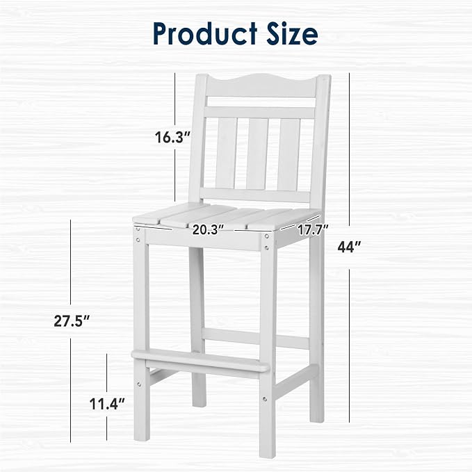 Bar Chairs Set of 2, White HDPE Weather-Resistant Outdoor Chairs