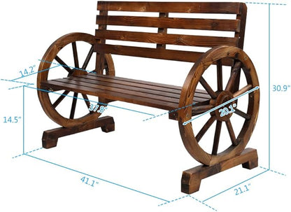 Outvita Wooden Garden Bench, Outdoor Rustic Wagon Wheel Bench with Armrest & Fir Construction for Garden Porch Backyard Patio Park, Seats 2 Person Carbonized