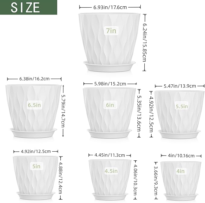 4/4.5/5/5.5/6/6.5/7 Inch Plant Pots,7 Pack Flower Pots with Drainage Holes and Trays,Plastic Planters for Indoor Outdoor Plants Growth,White