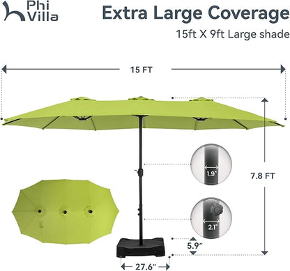 PHI VILLA 15ft Large Patio Umbrellas with Base, Outdoor Double-Sided Rectangle Market Umbrella for Pool Lawn Garden, Lime Green