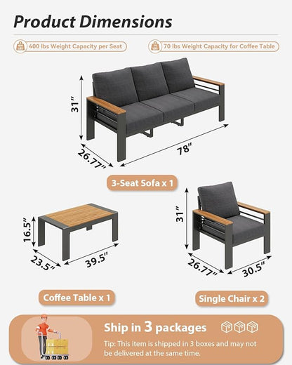 Aoxun Aluminum Outdoor Patio Furniture Set, 5 Seats Outdoor Sectional with Coffee Table, Patio Conversation Sets with Upgraded Armrests and Cushions for Backyard, Garden and Poolside