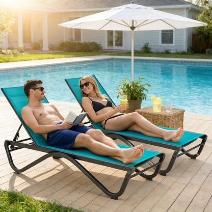 Kozyard Outdoor Chaise Lounge Chair, Full Aluminum Frame, Adjustable Reclining Patio Lounger for Poolside, Sunbathing & Backyard, Textilene (Aqua, 2Chairs + Table)