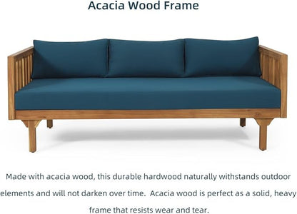 Merax Solid Acacia Wood Couch Chaise Lounge Chair Indoor, 3 Seater Daybed Sofa Couches with Cushions & Pillow, Heavy Frame Day Bed for Living Room, Office, Outdoor, Balcony, Patio, Water Resistant