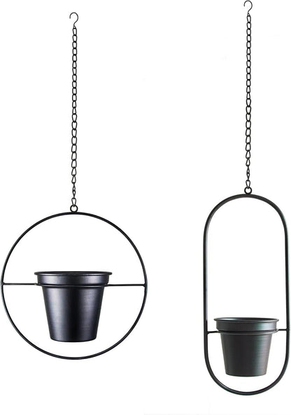Metal Hanging Planters, Modern Plant Hanger with 5 inch Flower Pot, Set of 2 Black Plant Holder in Oval and Round Shape, Small Wall and Ceiling Planter for Indoor Plants, Home Décor
