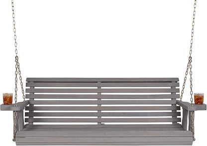 Amish Casual 5 Foot Roll Back Porch Swing with Cup Holders in Semi-Solid Grey Stain - Amish Made in The USA from Treated Pine Heavy Duty 700 Lb. Weight Capacity