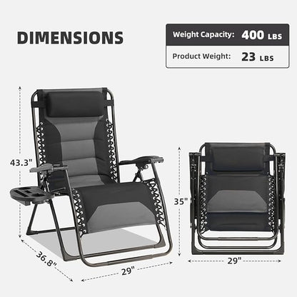 Zero Gravity Chair Oversized Padded Recliner with Adjustable Headrest & Cup Holder - XL 600D Oxford Folding Lounge Chair for Outdoor Camping, Patio, Poolside (Black & Gray)