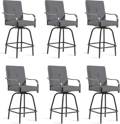 Patio Swivel Bar Stools Set of 6, Outdoor Bar Height Swivel Chairs with Cushions for Garden Balcony Backyard, Grey
