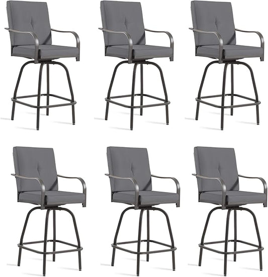 Patio Swivel Bar Stools Set of 6, Outdoor Bar Height Swivel Chairs with Cushions for Garden Balcony Backyard, Grey