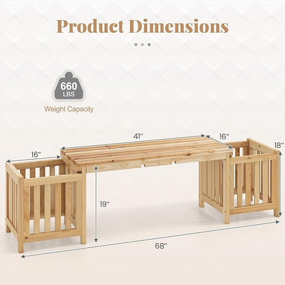 Giantex 2-in-1 Outdoor Bench with 2 Raised Garden Beds, Planter Boxes with Open-Ended Base, Garden Bench Seat for Porch Balcony Lawn Yard, DIY Assembly, Natural