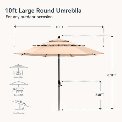 PHI VILLA Outdoor Patio Dining Set for 4 with 10ft 3-Layer Auto-tilt Round Umbrella(Beige),Includes 4 Outdoor Swivel Chairs with Cushions and a Metal Square Table, Perfect for Garden, Lawn, or Deck