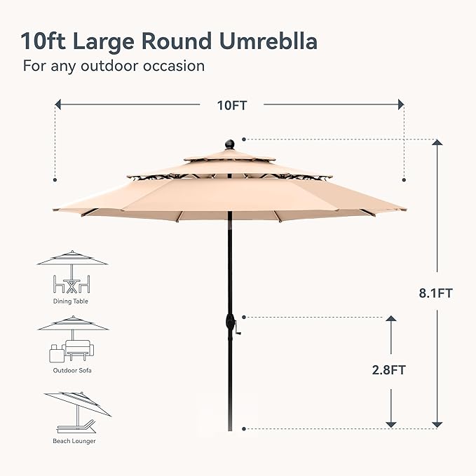 PHI VILLA Outdoor Patio Dining Set for 4 People with 10ft 3-Layer Auto-tilt Round Umbrella(Beige), Includes 4 Outdoor Chairs with Cushions and a Metal Square Table, Perfect for Garden, Lawn, or Deck
