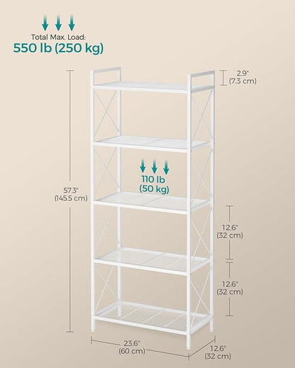 SONGMICS 5-Tier Metal Storage Rack, Shelving Unit with X Side Frames, Dense Mesh, 12.6 x 23.6 x 57.3 Inches, for Entryway, Kitchen, Living Room, Bathroom, Industrial Style, Cloud White UBSC165W01