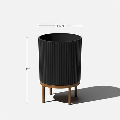 Veradek Demi Series Round Planter w/ Stand for Porch/Patio | Durable Plastic-Concrete & Wooden Stand | Modern Décor for Tall Plants, Flowers