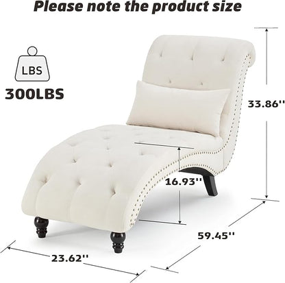 Tufted Soft Chaise Lounge Indoor, Linen Rivets Chaise Lounge Chair for Bedroom Living Room, Armless Upholstered Chaise Couch Chair with Square Cushions and Solid Wood Legs, Beige