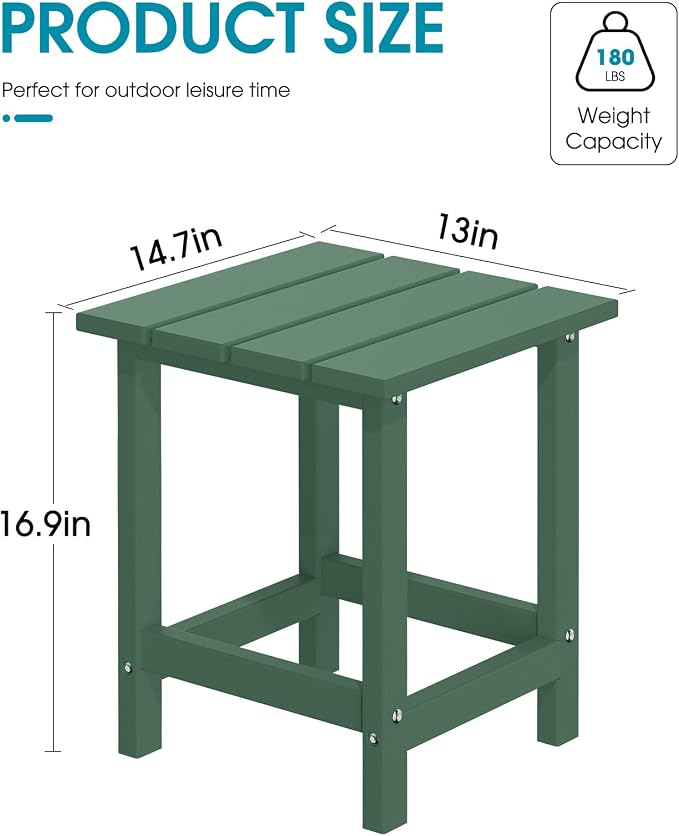Side Table for Patio in Green HDPE, 180 lb Capacity, UV Resistant