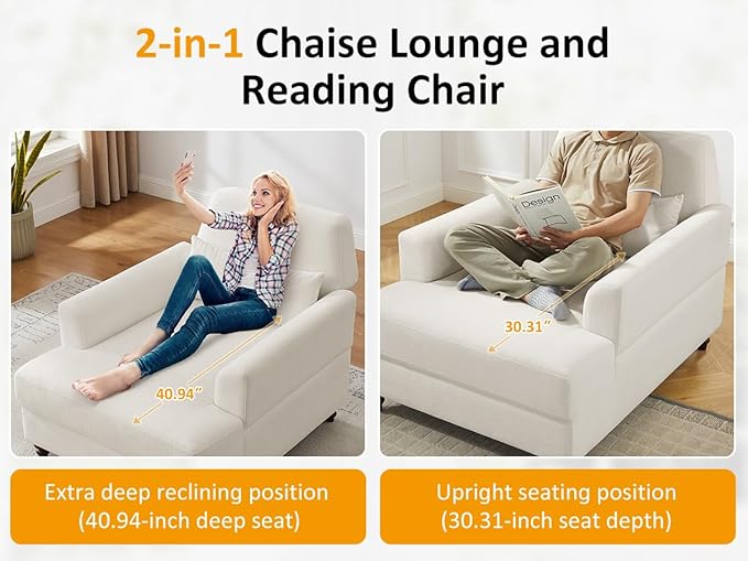 Oversized Chaise Lounge Chair Set of 2, Cloud Fluffy Chaise Sofa Recliner with Adjustable Backrest, Comfy Upholstered Sleeper Couch Bed, Modern Deep Seat Reading Armchair for Living Room, Bedroom
