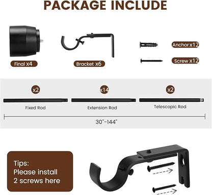 Matte Black Curtain Rod Itself is 30-144 inch 2 Pack, Fit 30 to 142, 66 to 120 inch Windows with 1 Inch Diameter Heavy Duty Adjustable Telescopic Rod, 1 Inch Diameter Splicing Extra Long