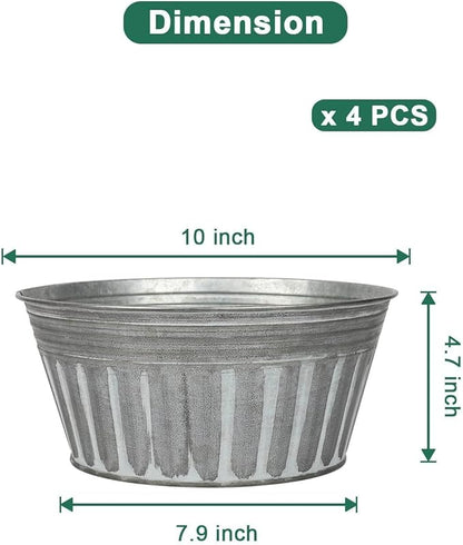 vensovo 10 Inches Silver Metal Rustic Plant Pots - 4 Pcs Large Shallow Galvanized Planters with Drain Hole and Rubber Plug, Rustproof Tin Bucket Succulent Pot Indoor Farmhouse Vintage Style for Decor
