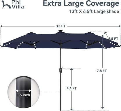 PHI VILLA 13ft Patio Umbrella with Solar-Powered 120 PCS LED Color-Changing Lights, Triple-Head Large Rectangle Umbrella Outdoor Patio for Table with Crank Lift,Navy Blue(No Base)