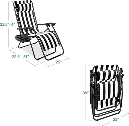 Best Choice Products Set of 2 Adjustable Steel Mesh Zero Gravity Lounge Chair Recliners w/Pillows and Cup Holder Trays - Black Striped