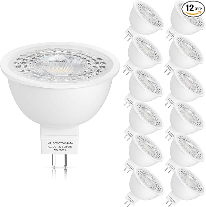 Mlambert 12 Pack MR16 LED Bulbs 50W Halogen Equivalent,5000K Daylight White,5W GU5.3 MR16 12V Spotlight Bulb,Non-Dimmable,45° Beam Angle for Landscape