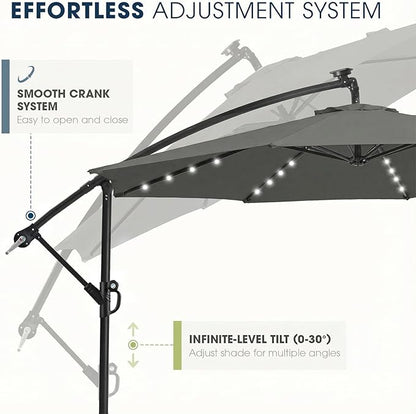 wikiwiki 10ft Solar LED Patio Umbrella with Base Included, Offset Umbrella with Weighted Sandbag Base, Cantilever Patio Umbrella for Backyard, Garden & Deck, 32 LED Lights & Polyester Shade, Dark Gray