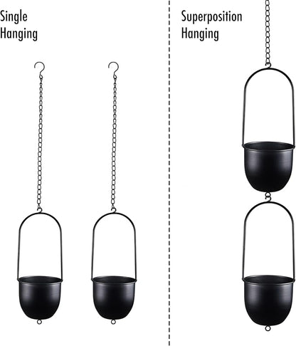 Stackable Metal Hanging Planters, Set of 2 Black Oval Plant Hangers with 6 inch Flower Pots, Modern Wall and Ceiling Plant Holders for Indoor Outdoor Plants Home Décor