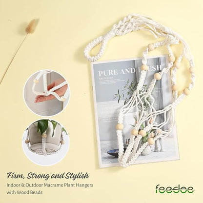 feedee Macrame Plant Hanger, Hanging Planters for Indoor Plants Holder with Wood Beads, Hanging Plant Holder for Indoor Outdoor, Gifts for Plant Lovers, Boho Home Decor Plant Hanger, Ivory