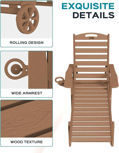 Outdoor Chaise Lounge Chair Set of 2, Patio Lounge Chairs for Outside, HDPE Lounge Chair with Wheels & Cup Holder, Poly Chair with 5 Position for Poolside, Deck, Brown