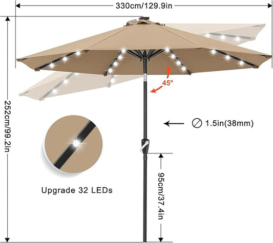 Durable Solar Led Patio Umbrellas with 32LED Lights ( ) in Khaki, 11FT