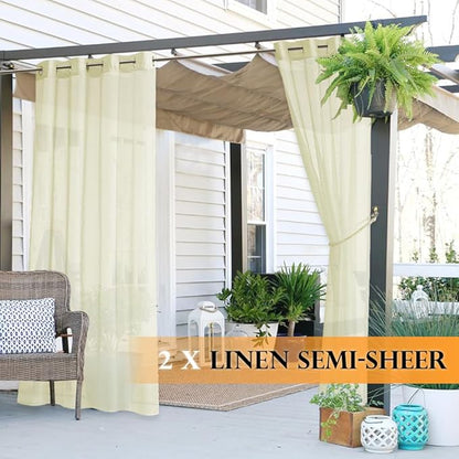 RYB HOME Sheer Curtains Outdoor - Linen Look Translucent Drapes Waterproof, Light Filtering Quick Dry Sheers for Exterior Patio Porch Wedding, 54" Wide by 96" Long, 2 Panels, Light Beige