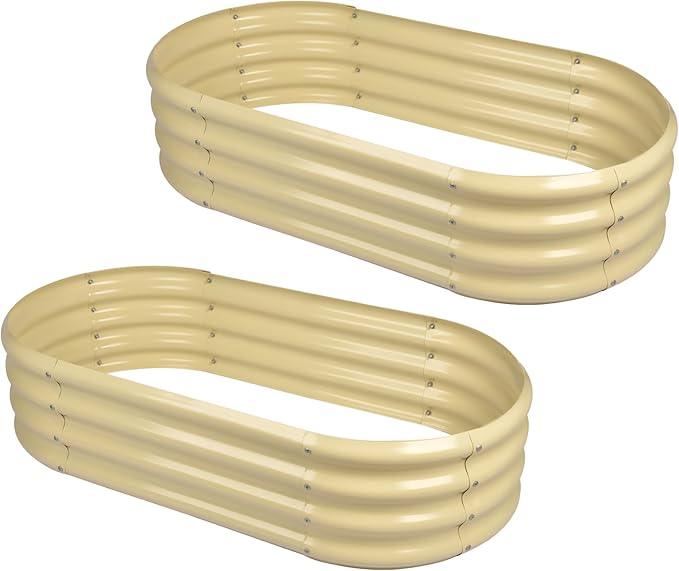 Land Guard 2Pack Galvanized Raised Garden Bed Kit, Galvanized Planter Oval Large Metal Raised Garden Boxes Outdoor for Vegetables（Cream Yellow）