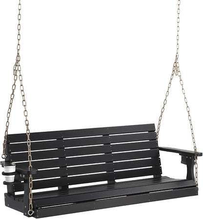 VINGLI Heavy Duty 1600 LBS HDPE Porch Swing Outdoor with Rotatable Cup Holder, 5 FT Patio Bench Swing with Adjustable Chains, 3 Person Hanging Porch Swing Chair for Porch, Yard, Tree, Garden - Black