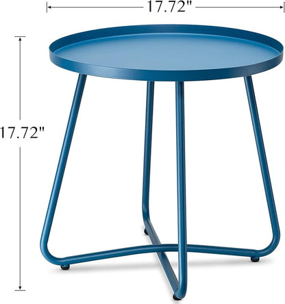 Round Metal Patio Side Table, 17.72-Inch Blue Outdoor End Table