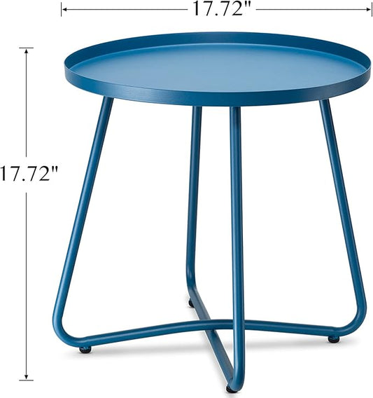 Round Metal Patio Side Table, 17.72-Inch Blue Outdoor End Table