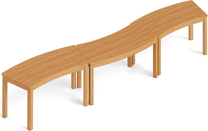 Tangkula Acacia Wood Outdoor Curved Bench Set of 3, Patio Garden Backless Fire Pit Bench with 1200 lbs Weight Capacity, Outside Seating Furniture for Front Porch, Deck & Backyard