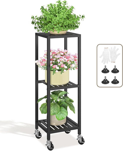 LASZOLA 3 Tier Black Metal Plant Stand Indoor Outdoor with Wheel for Large Planter, Modern Heavy Duty Tall Rolling Rack for Corner House Bathroom Patio Floor, Iron Flower Shelf Holder for Orchid Fern