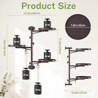 iDavosic.ly Rotating Window Plant Shelves, 3-Tier Metal Wall Stand with 2 Hooks, Flower Display Holder Rack for Living Room, Space Saving, Bronze (Pots/Chains/Plants Not Included)