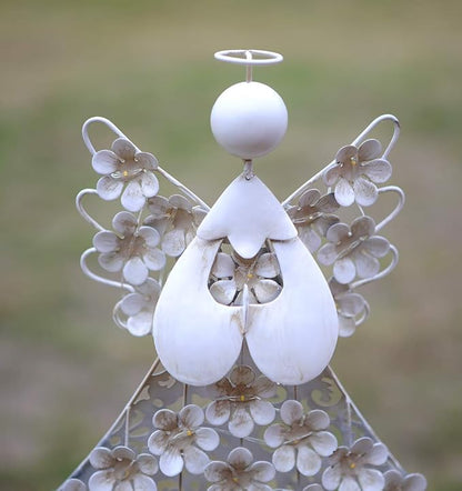 Solar White Angel Garden Stake Lights - Metal Hydrangea Memorial Gift With 27 LEDs - Perfect for Remembrance and Sympathy (7.7" W x 40.5" H)