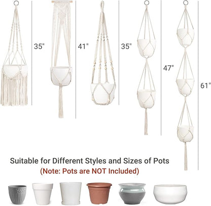 Mkono Macrame Plant Hangers, 5 Pack Different Tiers Indoor Hanging Planters Basket with 5 Hooks Decorative Flower Pots Holder Stand Boho Home Decor, Ivory