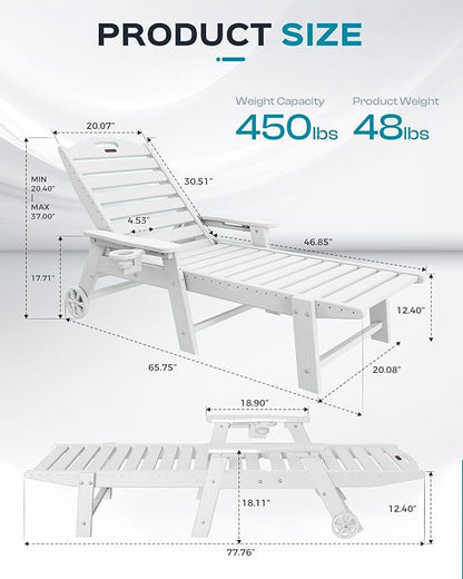 Ciokea Lounge Chair Outdoor, Oversized Chaise Lounge Chair with 5 Positions, HDPE, Patio Lounge Chair with Wheels & Cup Holder for Pool, Deck, Poolside, White