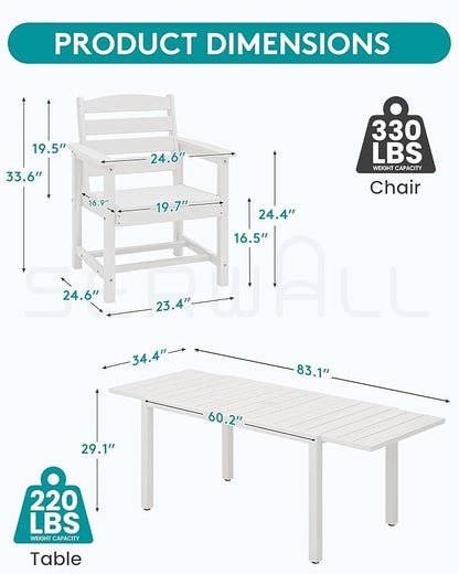 SERWALL 9-Piece Outdoor Dining Set, 60" - 83" Expandable Outdoor Dining Table and 8 HDPE Chairs, All Weather HDPE Outdoor Furniture Set for Backyard, Garden, White