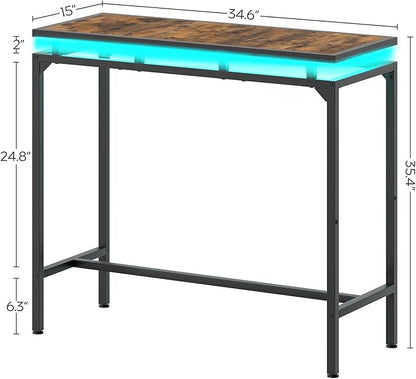 Bar Table with LED Lights, Counter Height Bar Height Table, Pub Gaming Table, Metal Frame, for Living Room, Dining Room, Pub, Rustic Brown and Black BT01DBR