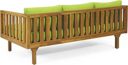 Claremont Outdoor 3 Seater Daybed with Cushions - Acacia Wood - Teak/Green